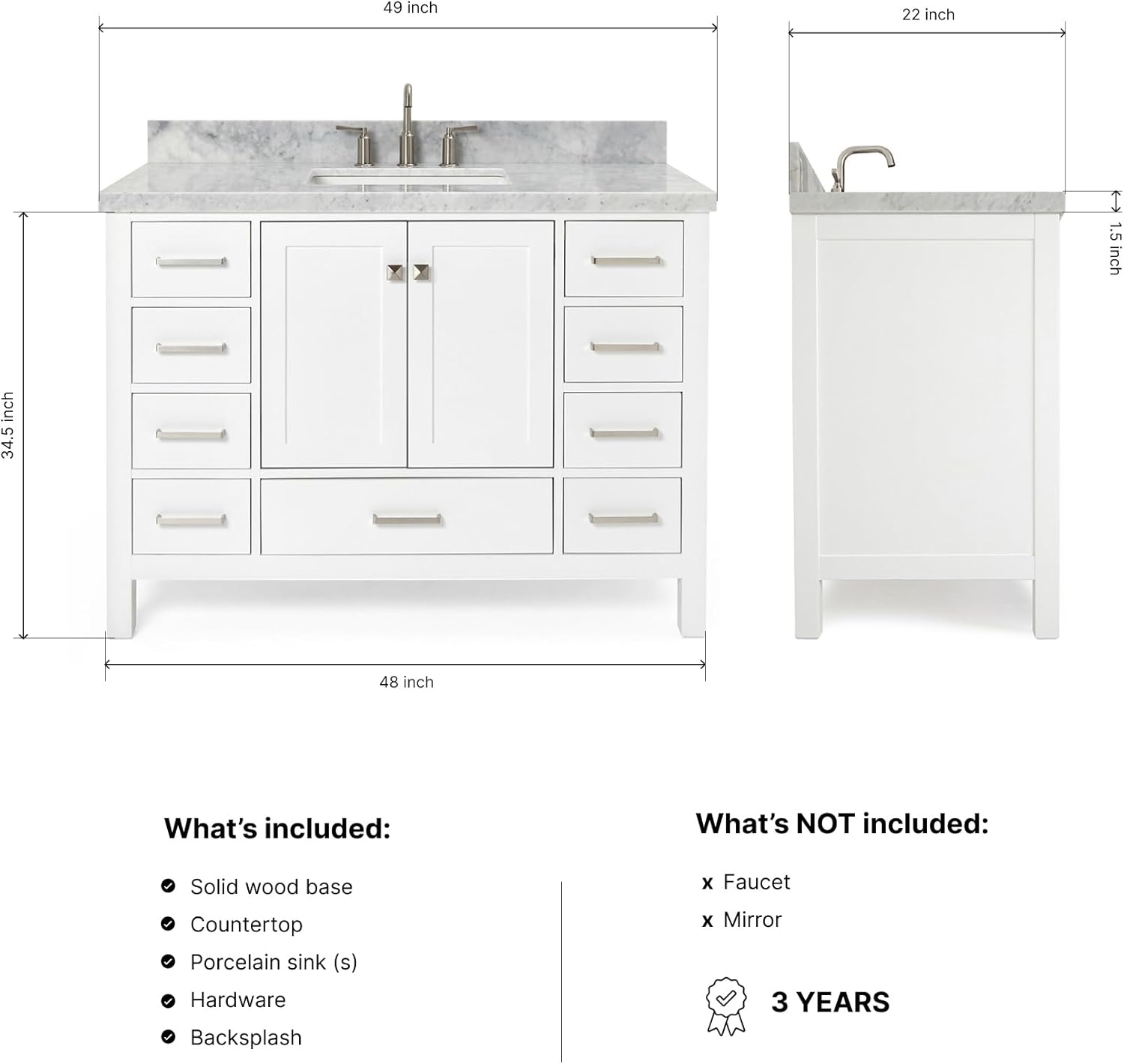 DKB Beckford 48-Inch Bathroom Vanity with Sink — White Single Sink Bathroom Vanity, 1.5" Edge Italian Carrara Marble Top, Solid Wood, 2 Soft-Close Doors, 9 Dovetail Drawers