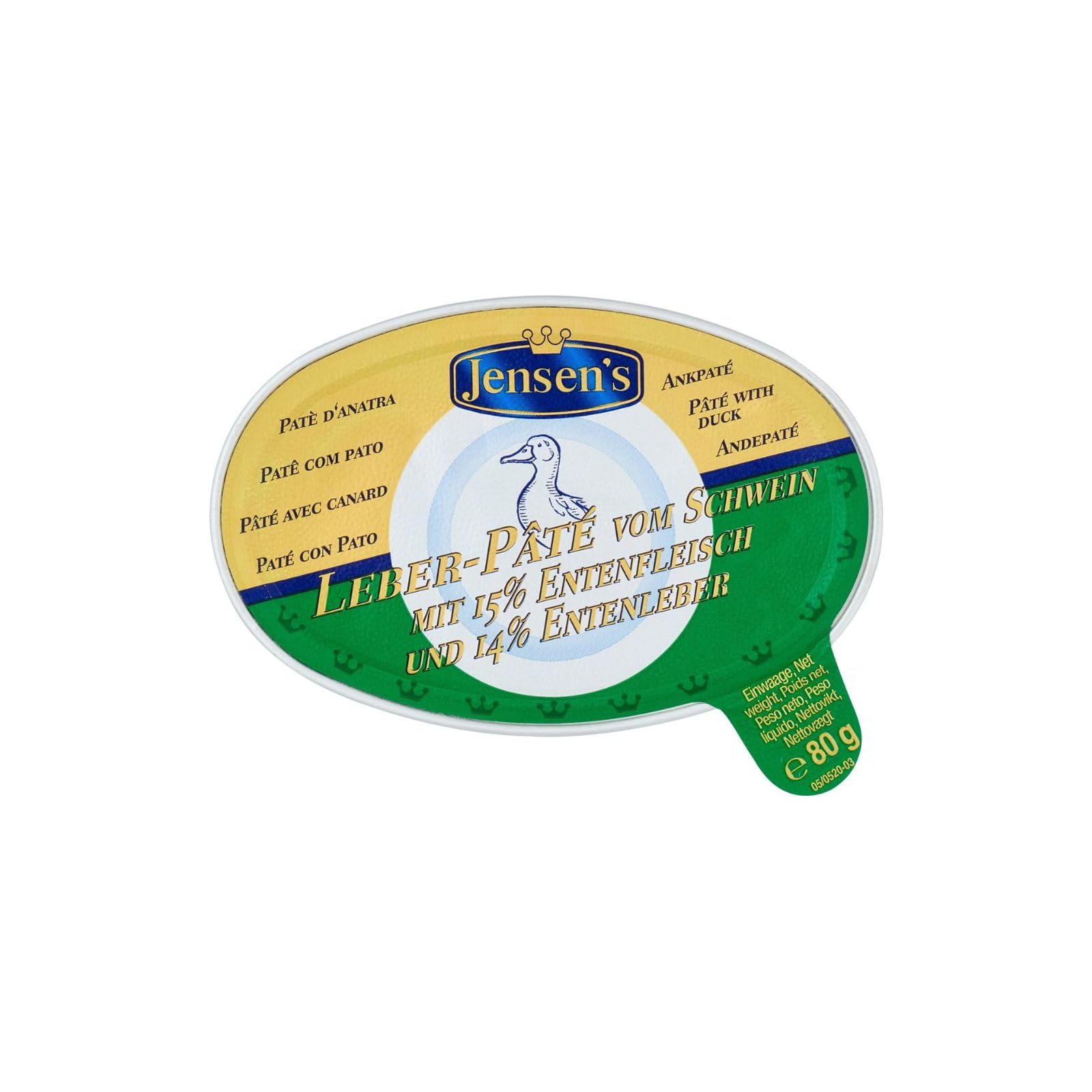Pâté D'Anatra Jensen's Leber - Set da 6 vaschette x 80g (Totale 480g) - Specialità Tedesca Gourmet con 15% Carne d'Anatra e 14% Fegato d'Anatra - Ideale per Antipasti e Aperitivi