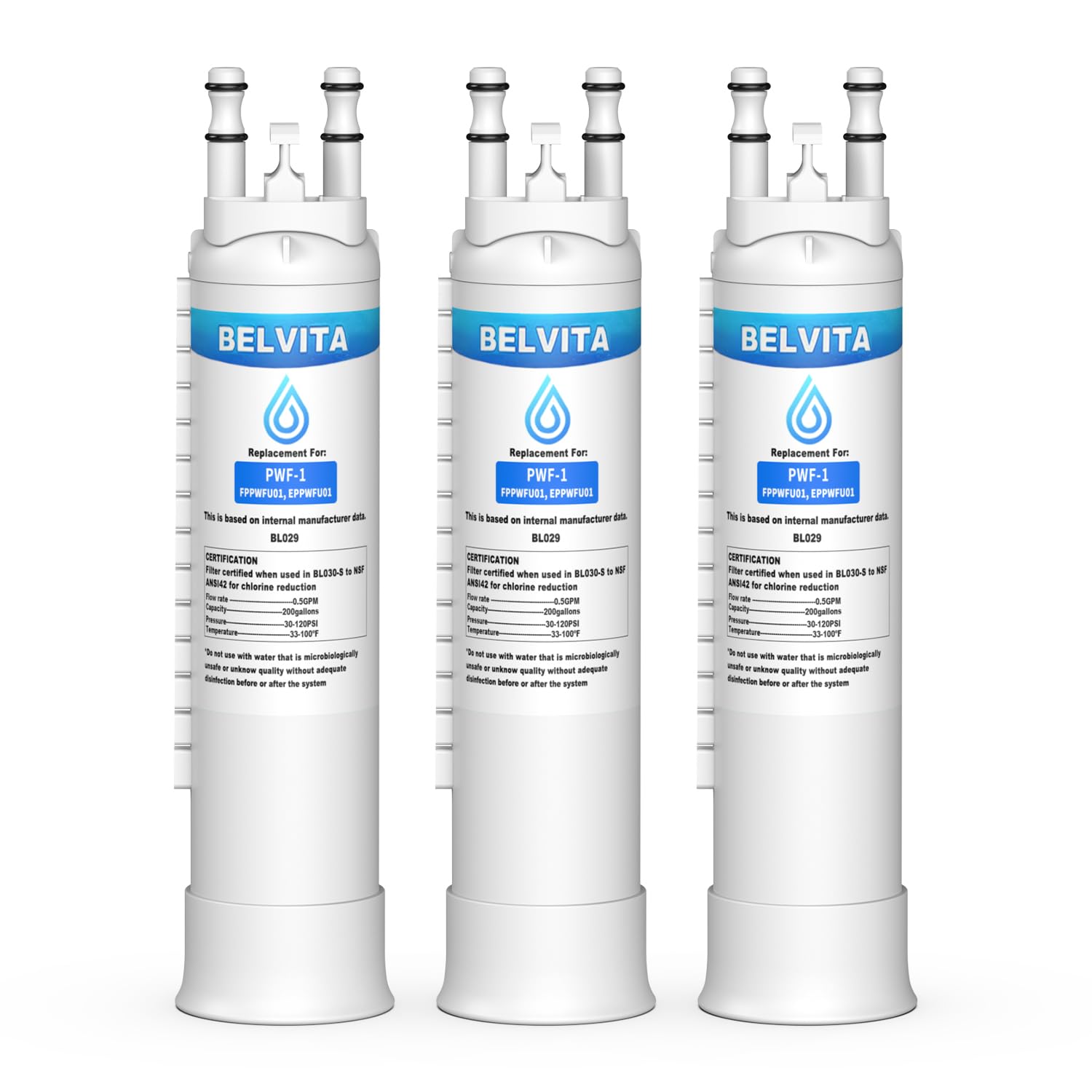 BELVITA Refrigerator Water Filter Replacement Compatible with Frigidaire FPPWFU01 PurePour PWF-1 Electrolux EPPWFU01 PureAdvantage PWF-1 Water Filter(3 Pack)