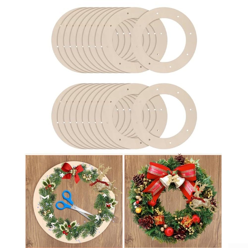 Confezione da 20 cornici per ghirlande in legno per artigianato, forme naturali per ghirlande circolari con fori per decorazioni da appendere, anelli in legno fai da te per matrimoni, vacanze, feste