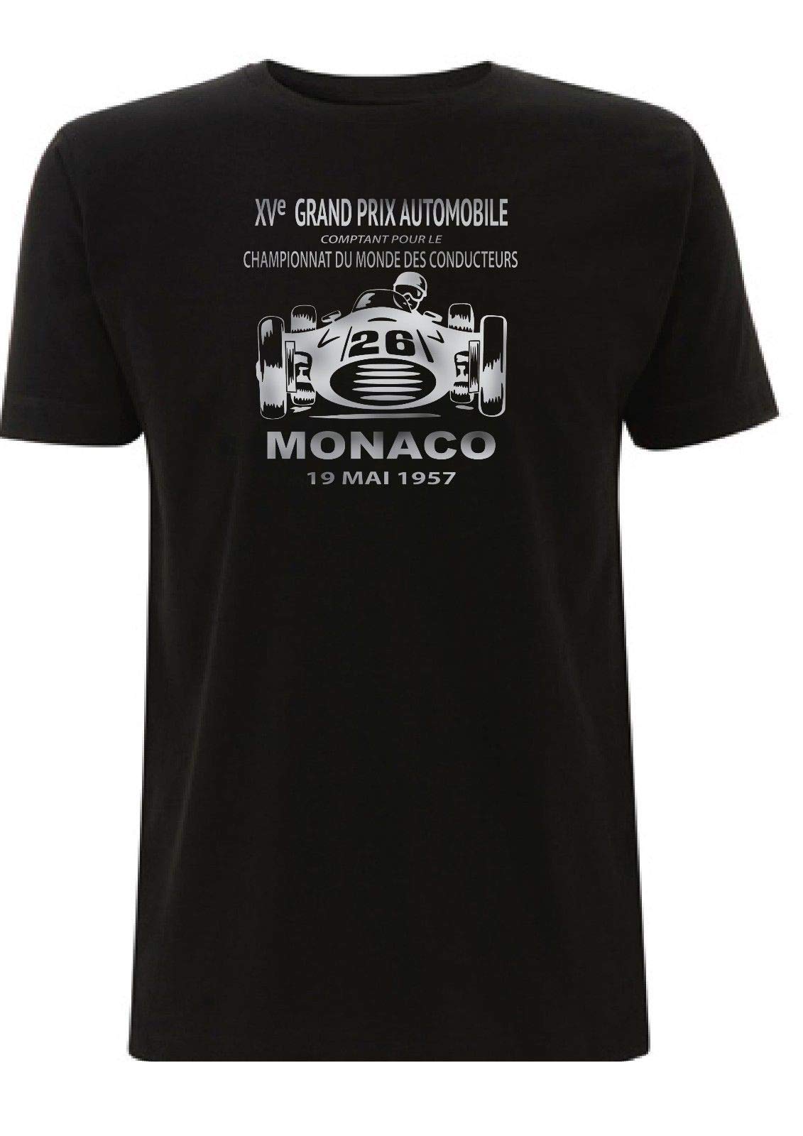 Time 4 Tee Monaco Grand Prix T Shirt 1957 Drivers Championship GP Classic Formula One Race (X Large, Black Silver Print)