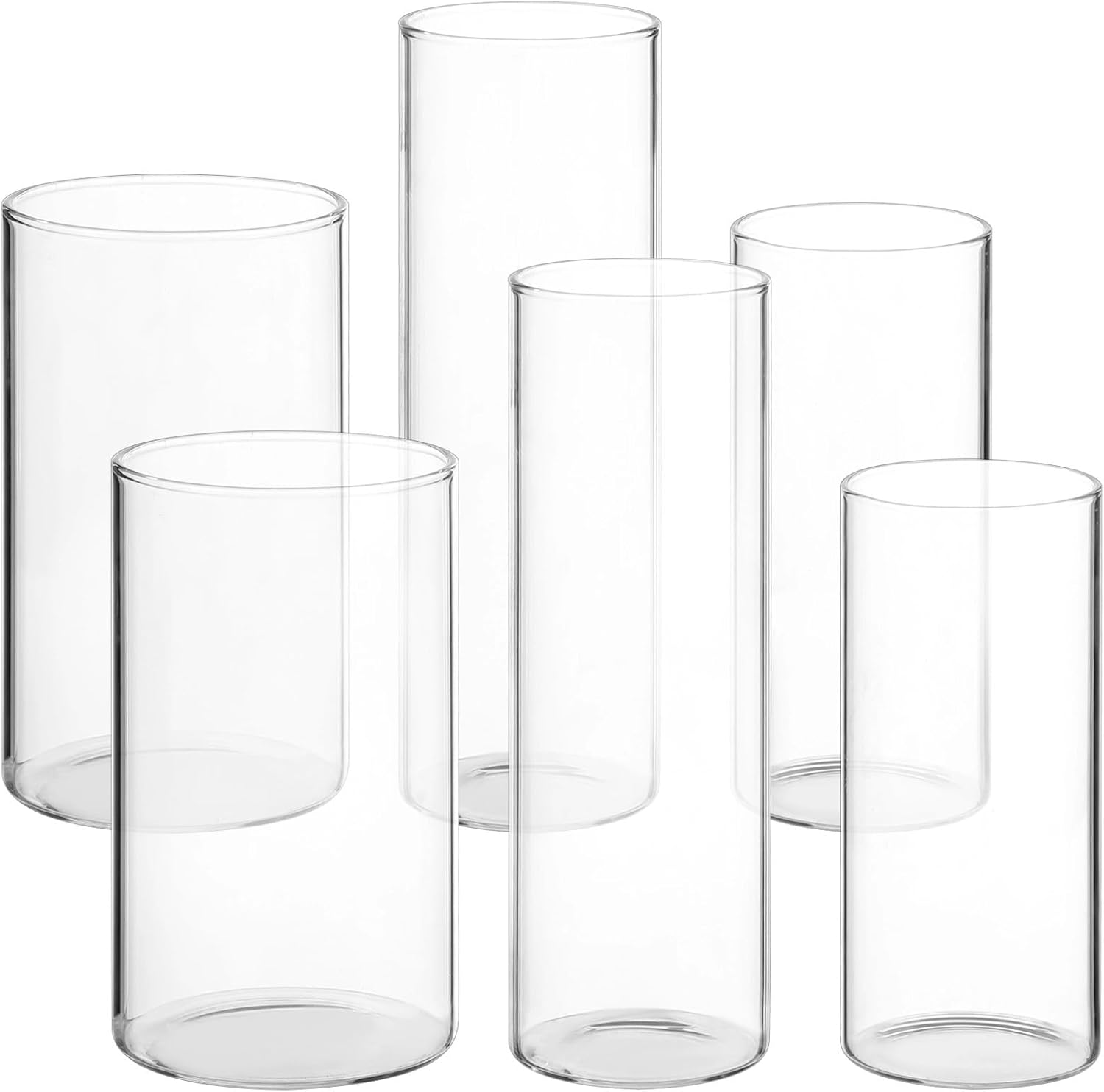 6 Pack Glass Hurricane Holders, Stylish Cylinder Candle Vases, Transparent Home Accents, Wind Resistant White Candles, Minimalist Modern Design