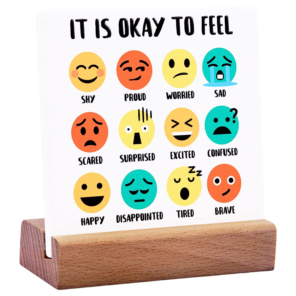 Mental Health Desk Decorative Ceramic Plaque with Wooden Stand Mental Health Sign Desk Decor for Psychology Therapy Office-Mental Health Gift for School Counselor Student Boy Girl (It's To Feel Desk)