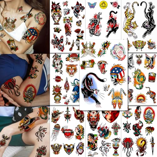 CHARLENT Tatouages ​​Temporaires Traditionnels Américains Vintage Unisexes - 9 Feuilles de Grands Faux Tatouages ​​à L'ancienne pour Hommes et Femmes Adultes