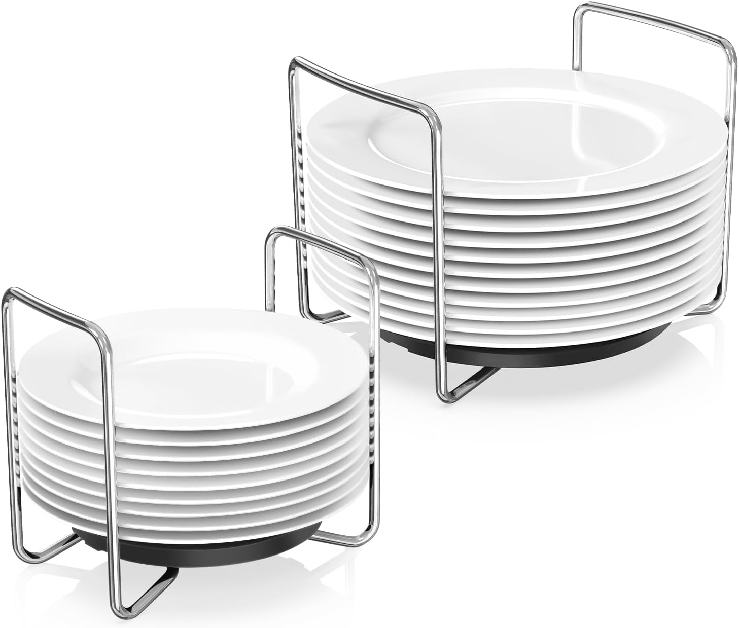 Plate Holder for Kitchen Drawers - Bamboo Dish Racks for Kitchen Counter 2Pcs Black S&L - Adjust 6.75" to 12.5" Stainless Steel Plate and Bowl Organizer for Cabinet, RV, Countertop