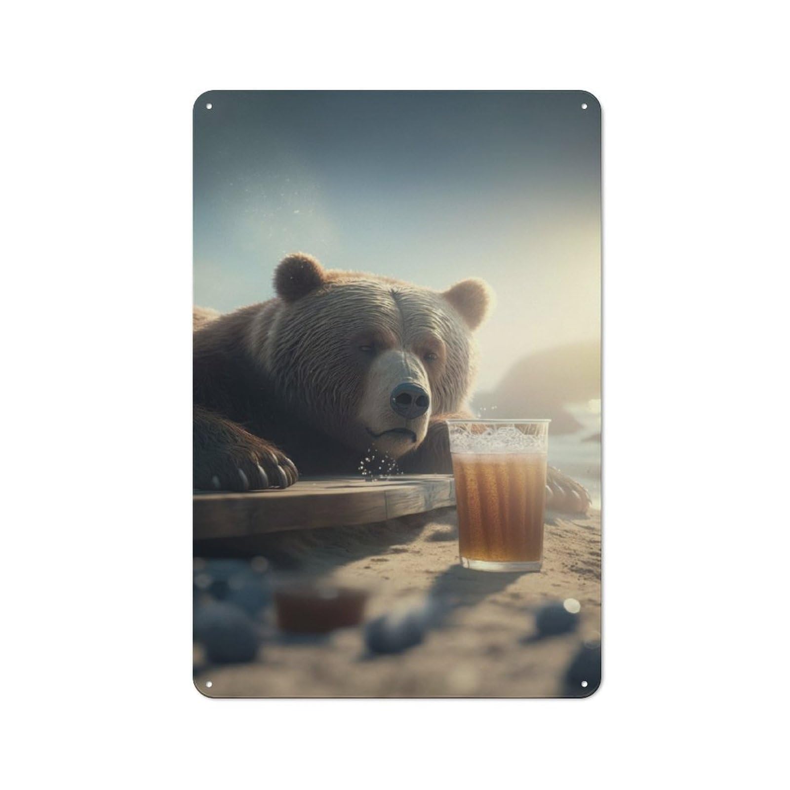 Junmoney Drunk Bear With Beer Rustic Tin Wall Plaque 30X20cm For Garage Or Workshop, For Garage Decor Fans, For Retro Home Interiors