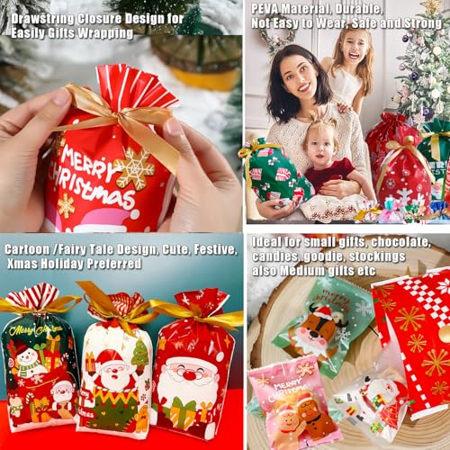 50pcs Christmas Drawstring Gift Wrap Bags Set Drawstring Xmas Wrapping Bag Xmas Gift Wrap Bag Small Medium Assorted 10 Designs 3 Sizes & About 50pcs Heat Sealable Christmas Bags - Image 6