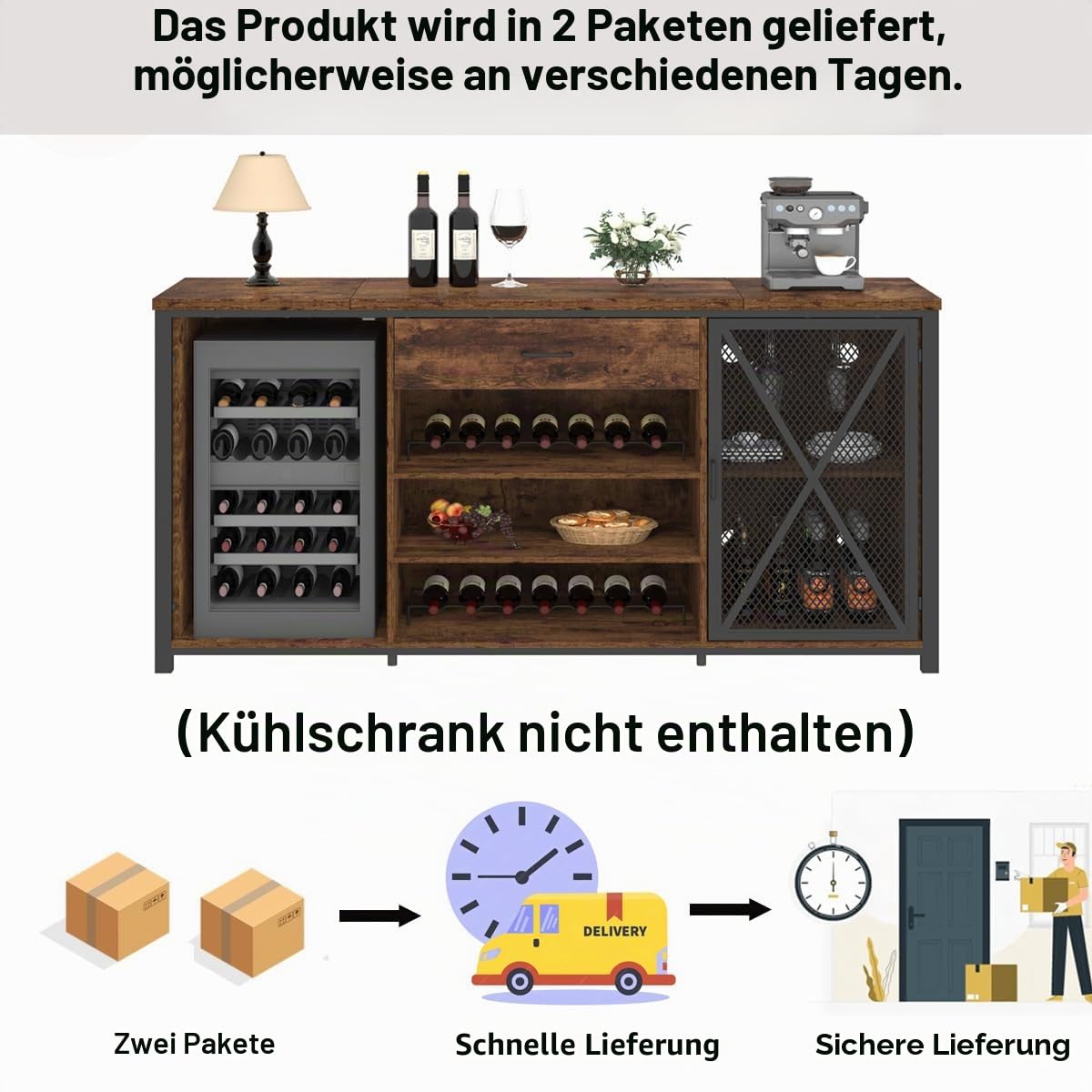LVB Weinbarschrank mit Kühlschrank Platz Rustikaler Langer Barschränke mit Schubladen Stauraum Landhaus Holz Metall Wein Schrank Mit Regal Sideboard Büfett Für Küche Esszimmer Rustikales Braun 180cm