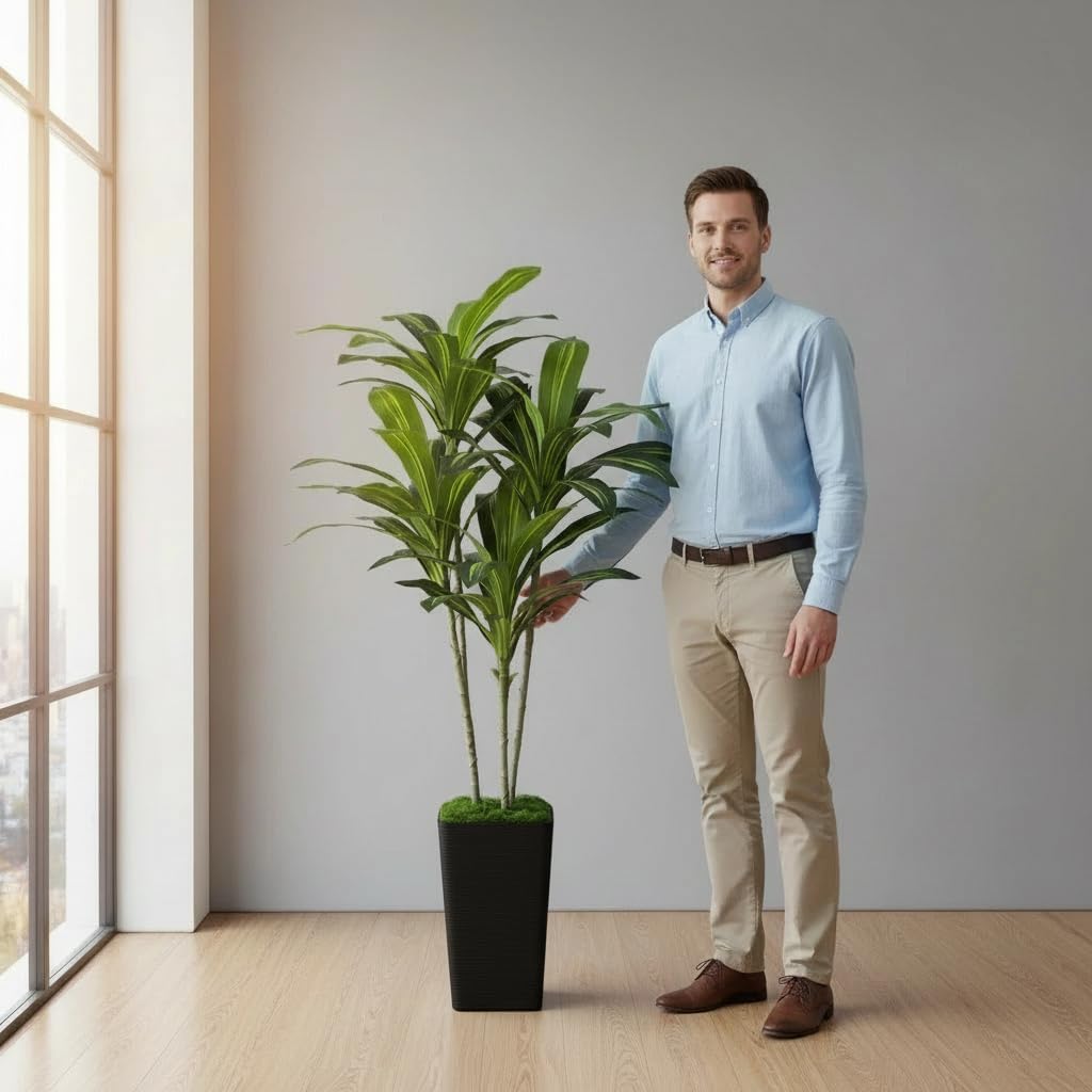 Artificial Dracaena Tree 5FT, Fake Tree with Black Tall Planter - Faux Yucca Tall Fake Floor Plant in Pot - Artificial Plant for Home Office Living Room Decor Indoor