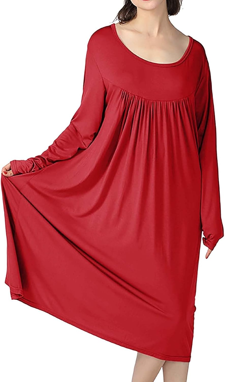 Women's Plus Size Nightgown Long Sleeve Cotton Sleepwear Pajama Night Dress Pleated Sleepshirts