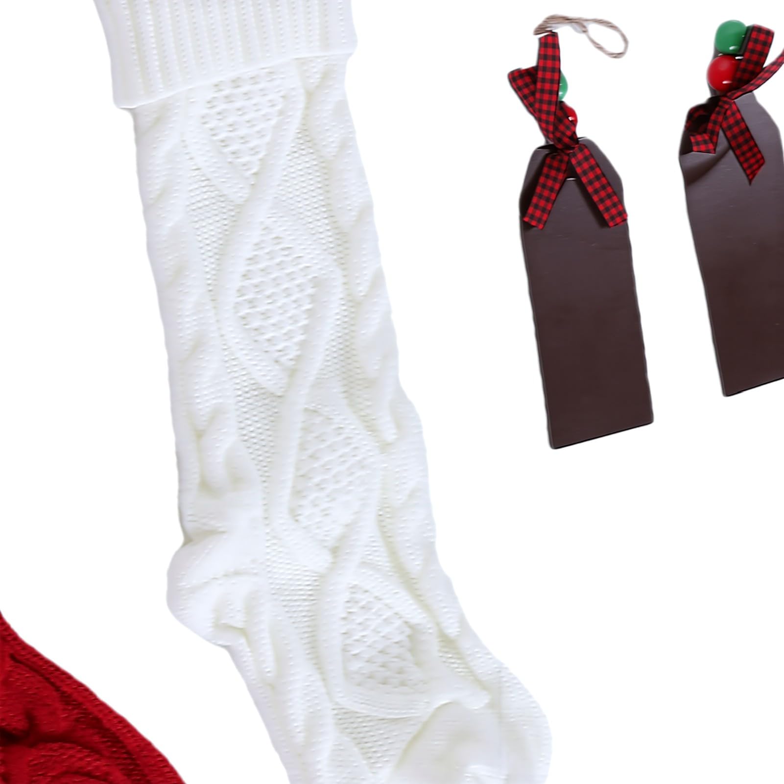 6er-Pack Weihnachtsstrümpfe-Set, Gestrickte Wolle | Namensschilder aus Holz, weiß, rot, grün, große Weihnachtsstrickstrümpfe, Zopfstrick-Weihnachtsstrümpfe