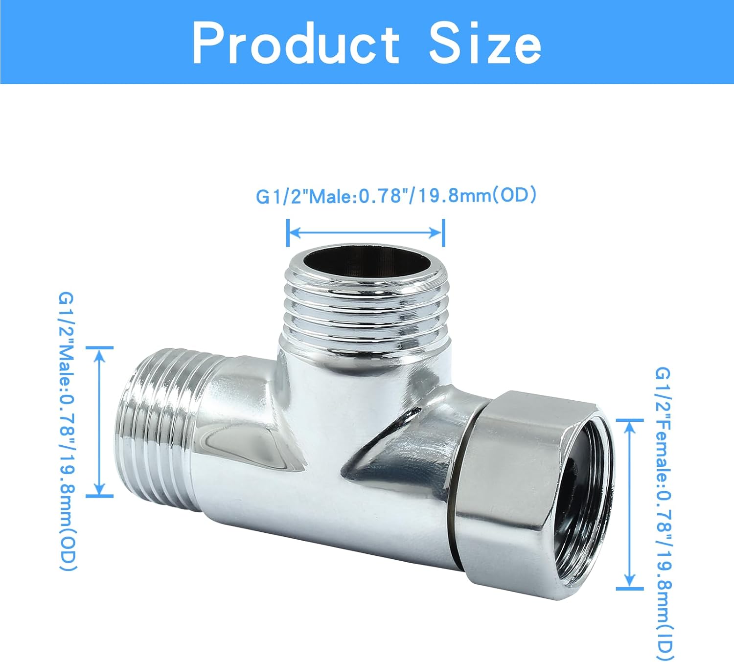 G1/2" 3 Way Diverter Valve, Solid Brass Tee Adapter Connection for Bath Shower Arm, Bidet Sprayer Faucet (Silver)