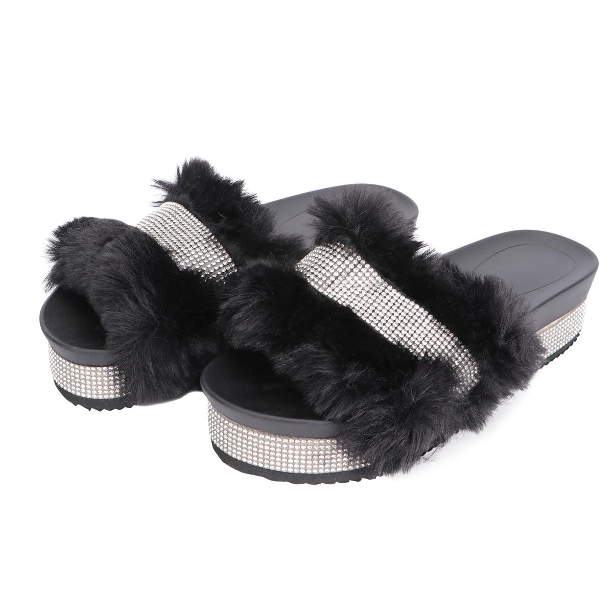 Pantofole da Donna Invernali Suola Spessa e Pelliccia Morbida, Leggere e Calde, Decorate con Pietre Luminose Nero, 1 Paio per Casa e Relax