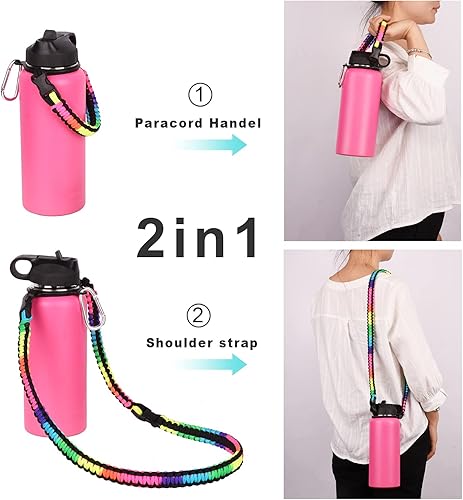 Miniatura 10 de Wongeto Correa de hombro con mango de paracord, compatible con botellas de agua Hydro Flask de boca ancha de 12 a 64 onzas (no compatible con el