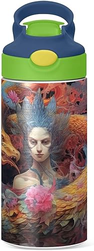 Miniatura 2 de GOODOLD Beautiful Dragon - Botella de agua para niños, botellas de agua de acero inoxidable aisladas con tapa con pajilla, 12 onzas, sin BPA, a