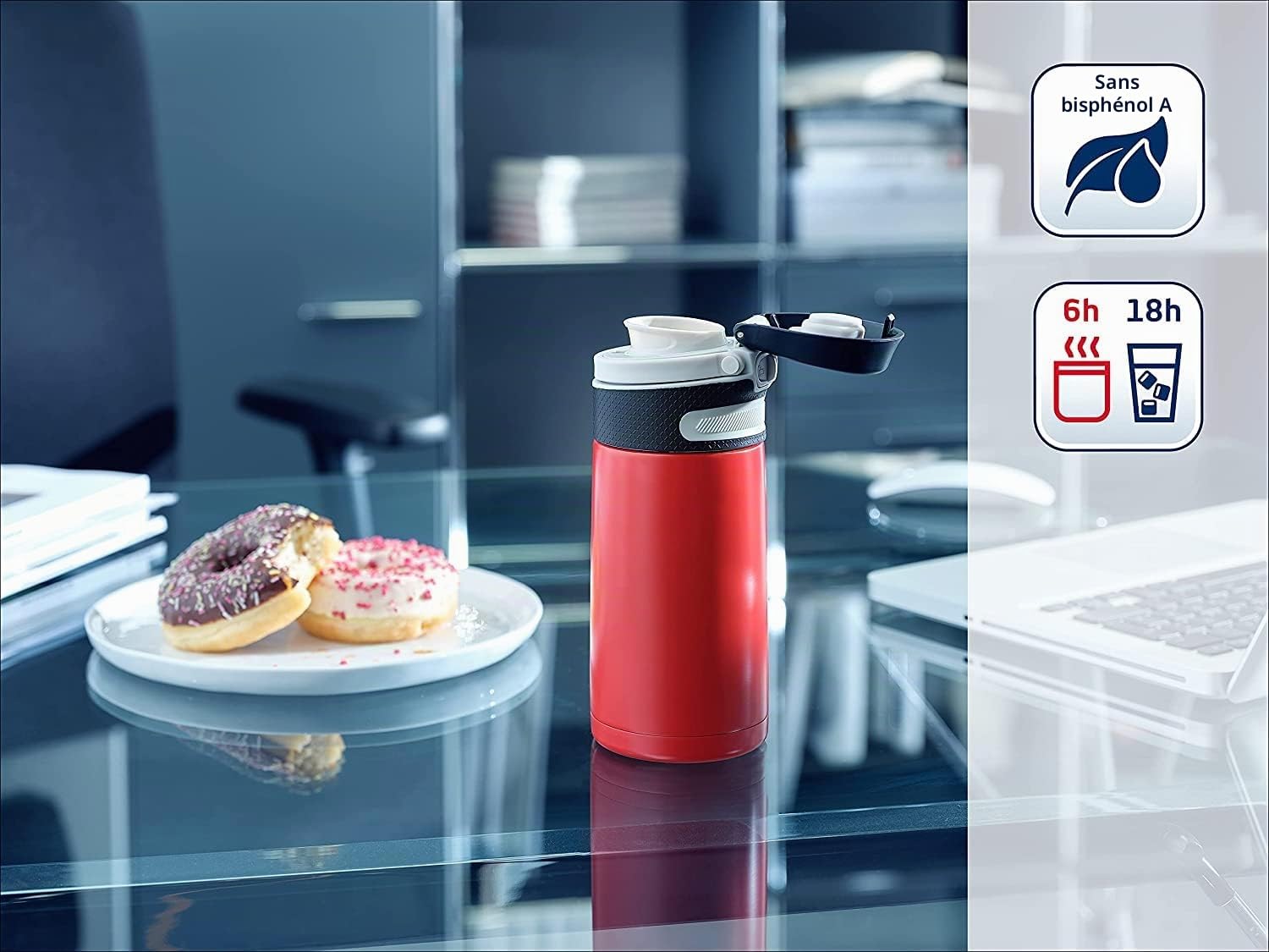 Leifheit Flip Bouteille isotherme (350 ml) avec bouchon à vis, mug voyage avec fermeture 100% anti-fuite, mug étanche avec ouverture à une main, rouge