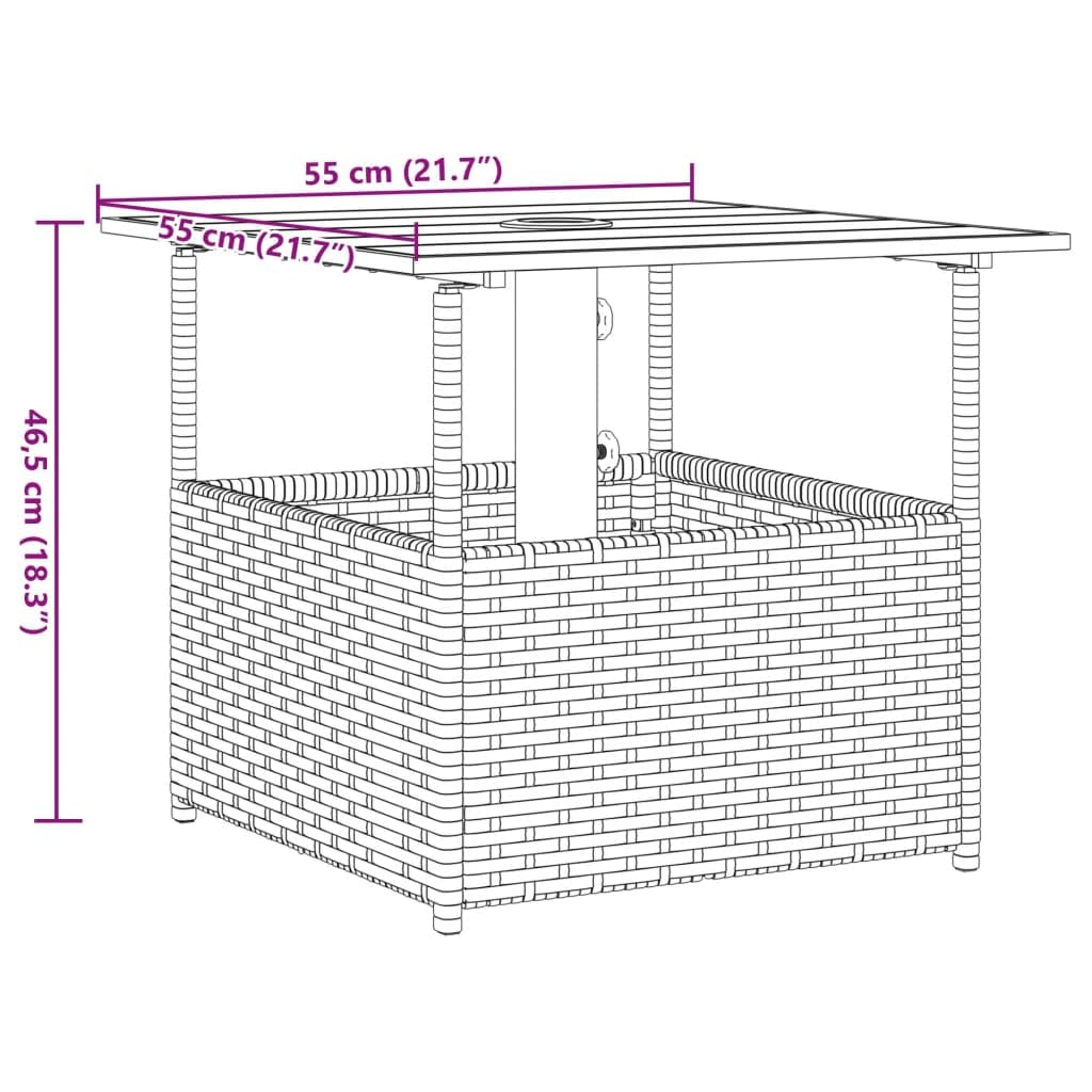 Tavolo da giardino con foro per ombrellone, marrone, 55 x 55 x 46,5 cm, in polyrattan, resistente ai raggi UV, telaio in acciaio verniciato a polvere, piano in legno di acacia, salvaspazio