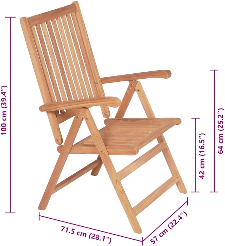 Teak Wood Reclining Patio Chairs Set of 2, 7-Position Folding Outdoor Lounge Chairs 22.4"x28.1"x39.4" Brown Weather-Resistant Wooden Seating for Garden, Balcony, Deck