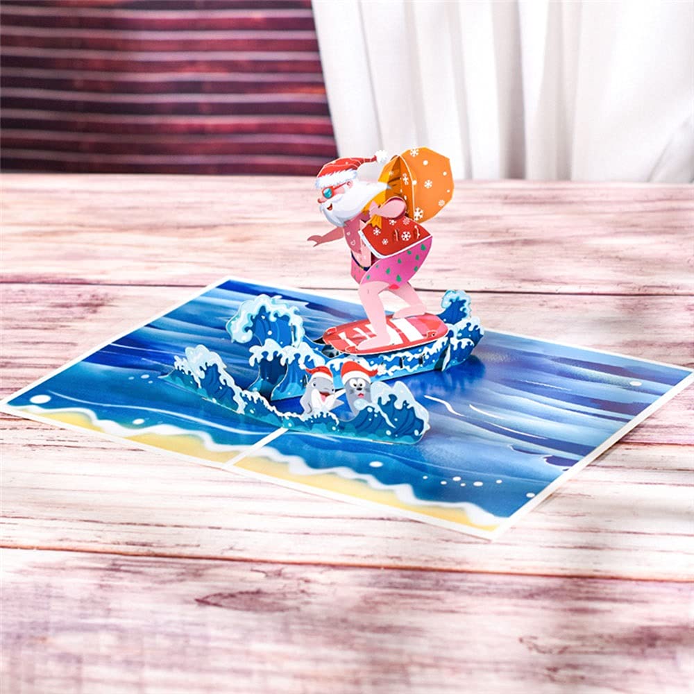 RAN 3D Weihnachten Grußkarten mit Umschlag,5 Pack Santa Claus Surfen Pop Up Weihnachtskarte Urlaub Geschenk