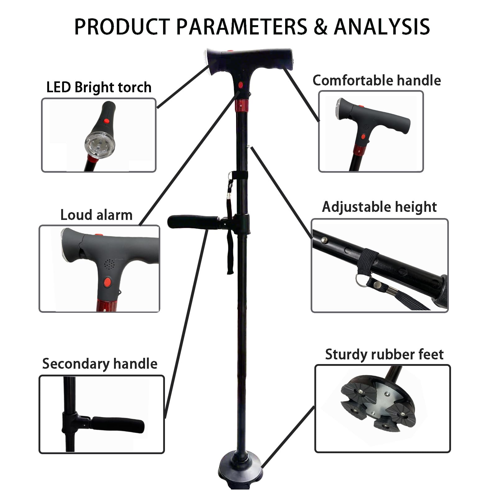 Bastón Naxir Stand Secure – Soporte Estable con Luz LED y Alarma, Ajustable, Base Antideslizante para Mayores
