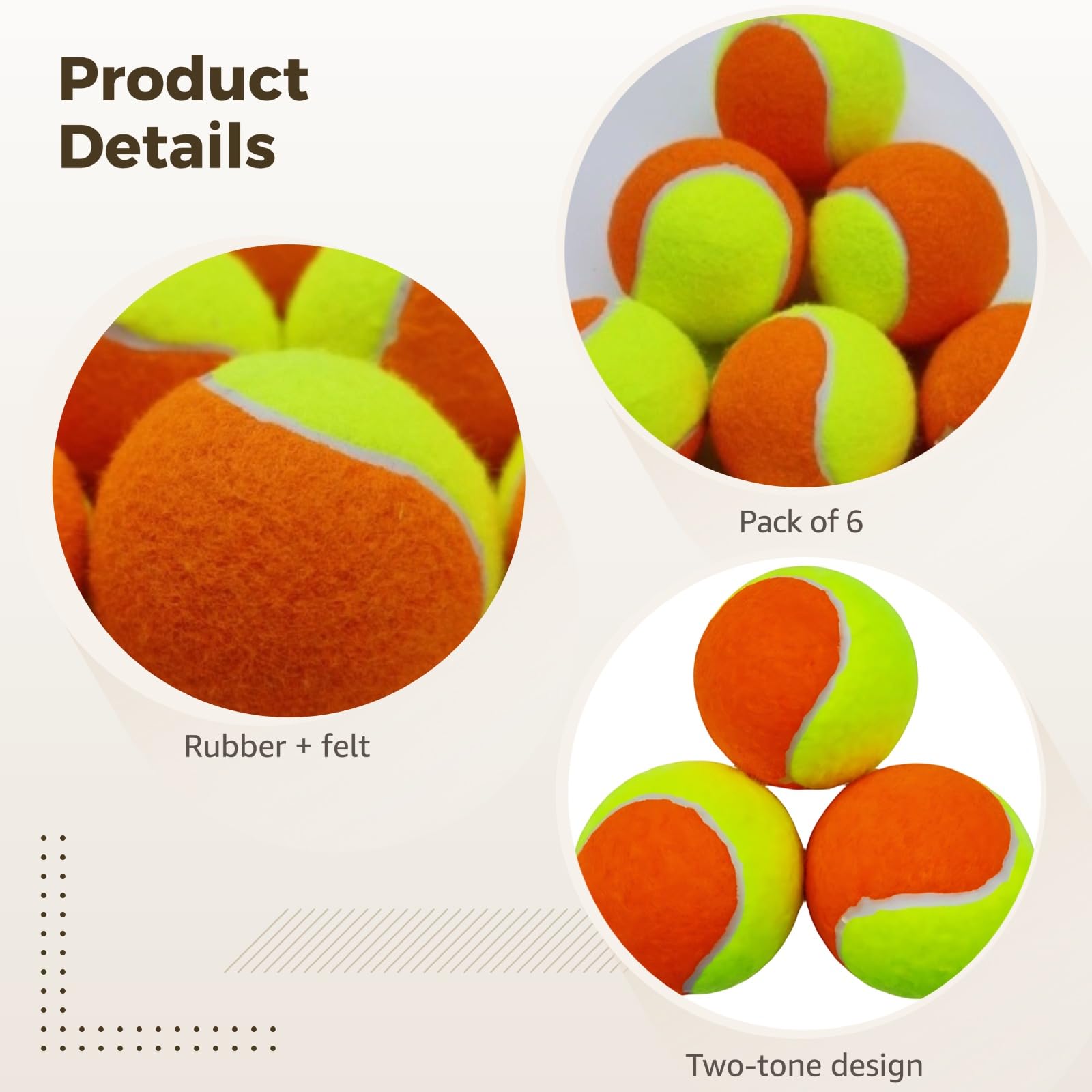 Lot de 6 balles de Tennis Bicolores à Forte élasticité, Noyau en Caoutchouc Neuf, 2,5 à 2,6 Pouces, Feutre résistant à l'usure, pour entraînement, Jeu, débutants, ou Animaux