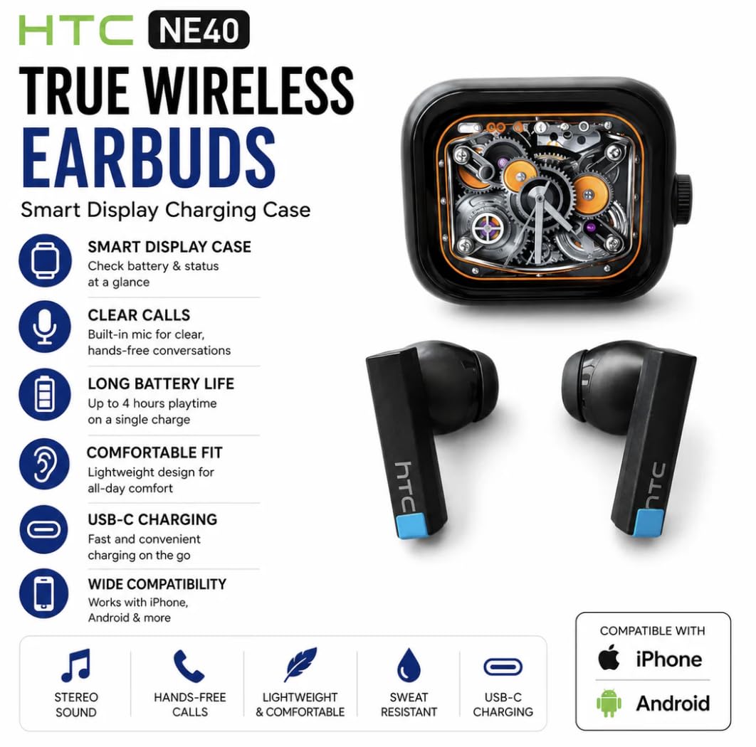 HTC NE40 AI Translation Auricolari wireless con custodia touchscreen, Bluetooth 6.0, nero