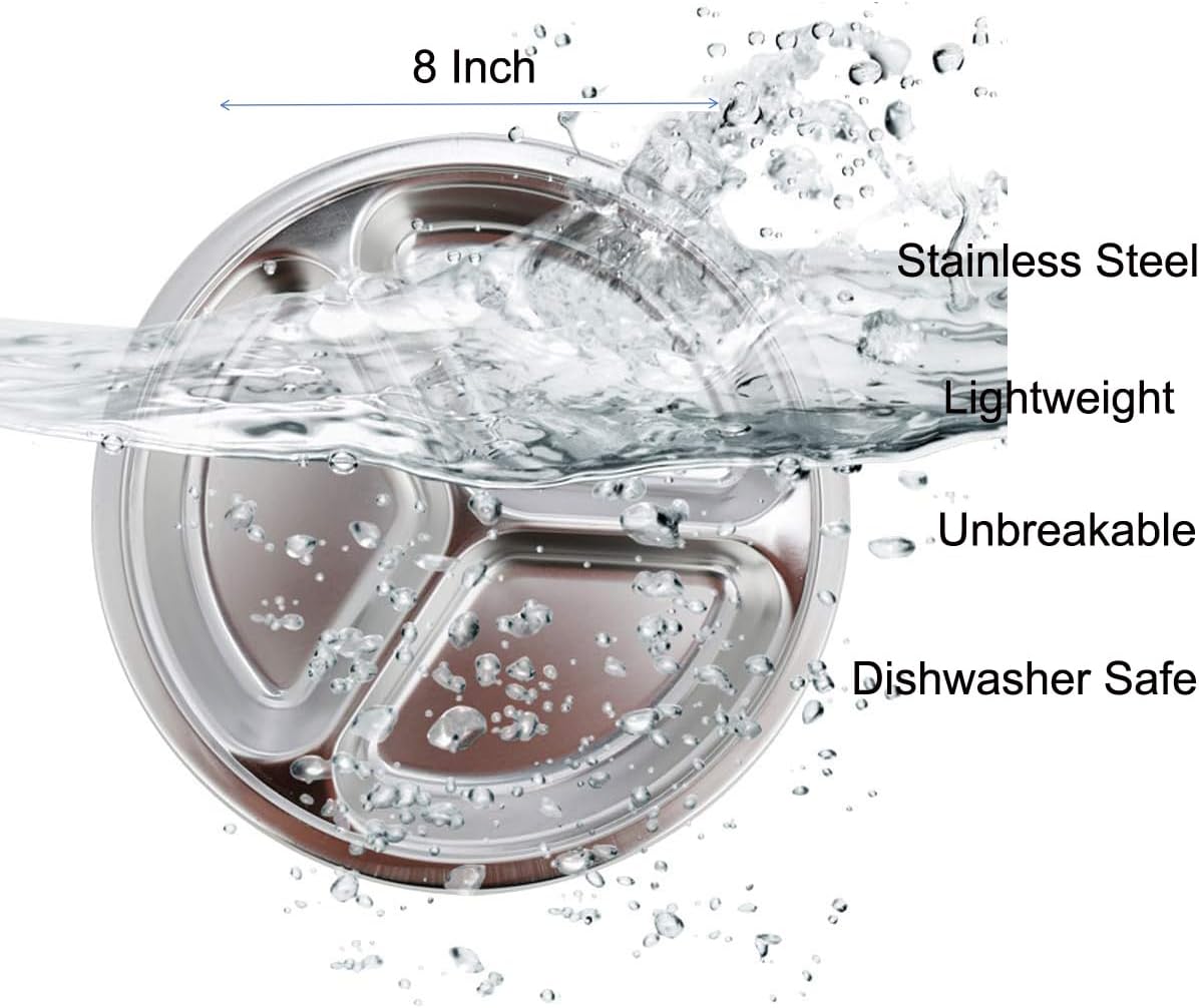 Stainless Steel Dinner Plates 2 Packs 8 Inch Portion Control Divided Plates for Adults Bariatric Weight Loss Diabetic Diet Reusable Camping Serving Round Dinner Plate 3 Compartment image 3