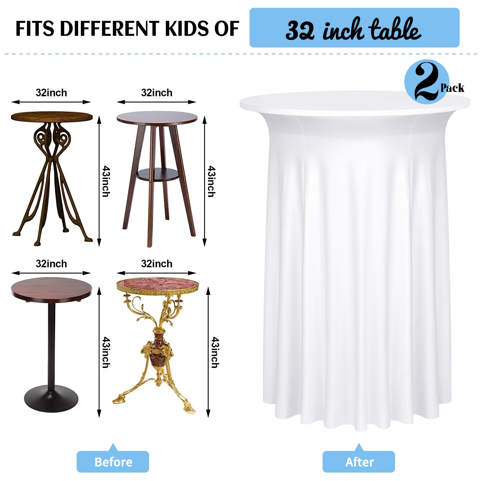2 Paquet nappes de Cocktail Spandex Blanc avec Jupe Courte, Nappe Drap - Housse élastique pour Table Ronde Haute, Nappe de Cocktail ondulée pour réception de Mariage (32 "x43)