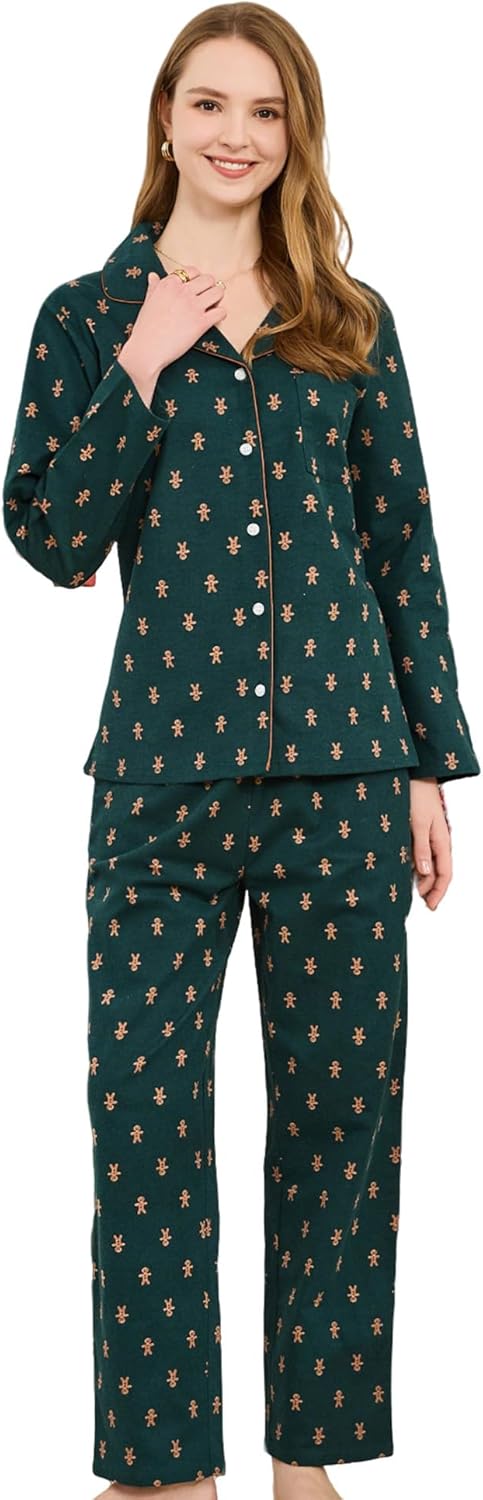 HEARTNICE Women's 100% Cotton Long Sleeve Pajama Set, 2-Piece Cozy Flannel Print PJs Button Up Ladies Sleepwear