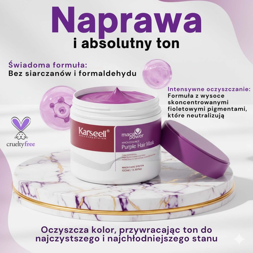 Karseell MACA CARE SYSTEM Zestaw Fioletowa Maska Antyżółta 100ml + Serum Argan Shea 50ml Nawilżające Regenerujące Przeciw Puszeniu Profesjonalne Włosy Blond Siwe Rozjaśniane Format Podróżny