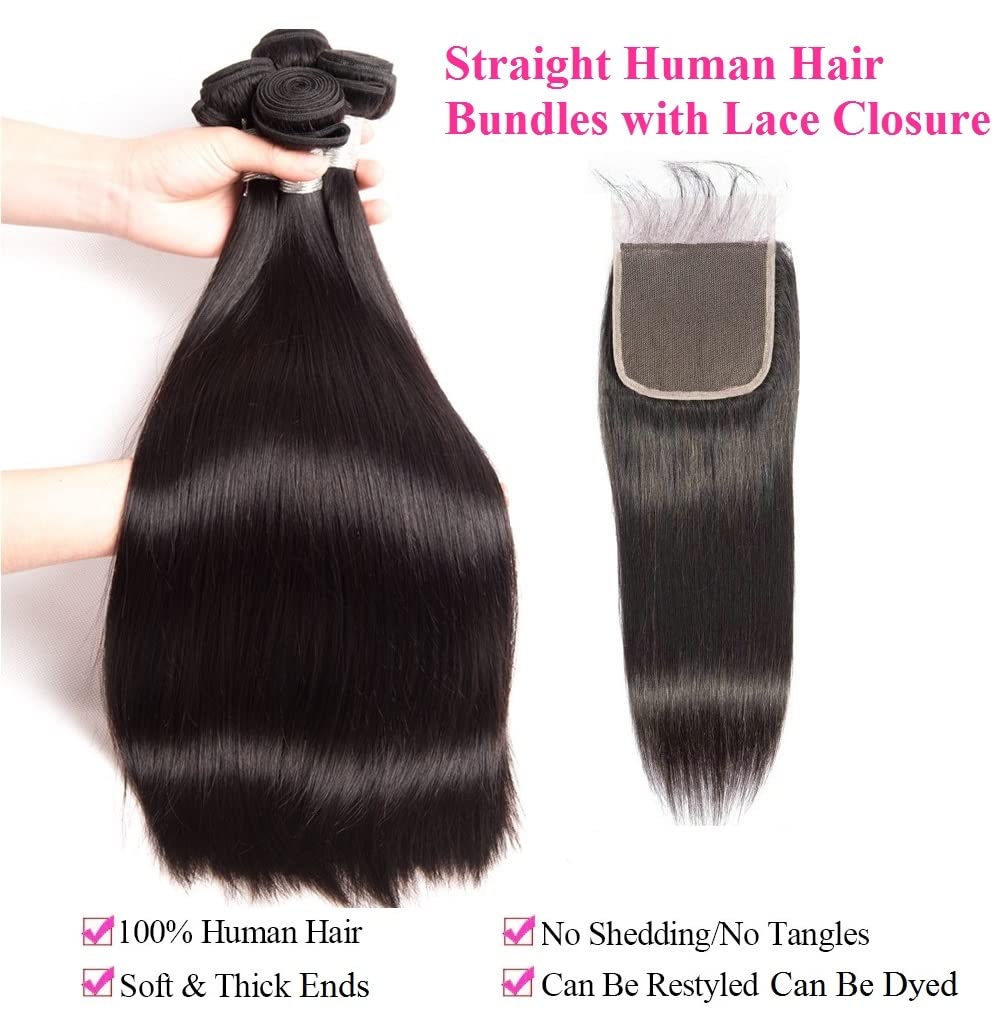 Black Brazilian Virgin Human Hair Bundles with 4x4 HD Lace Closure