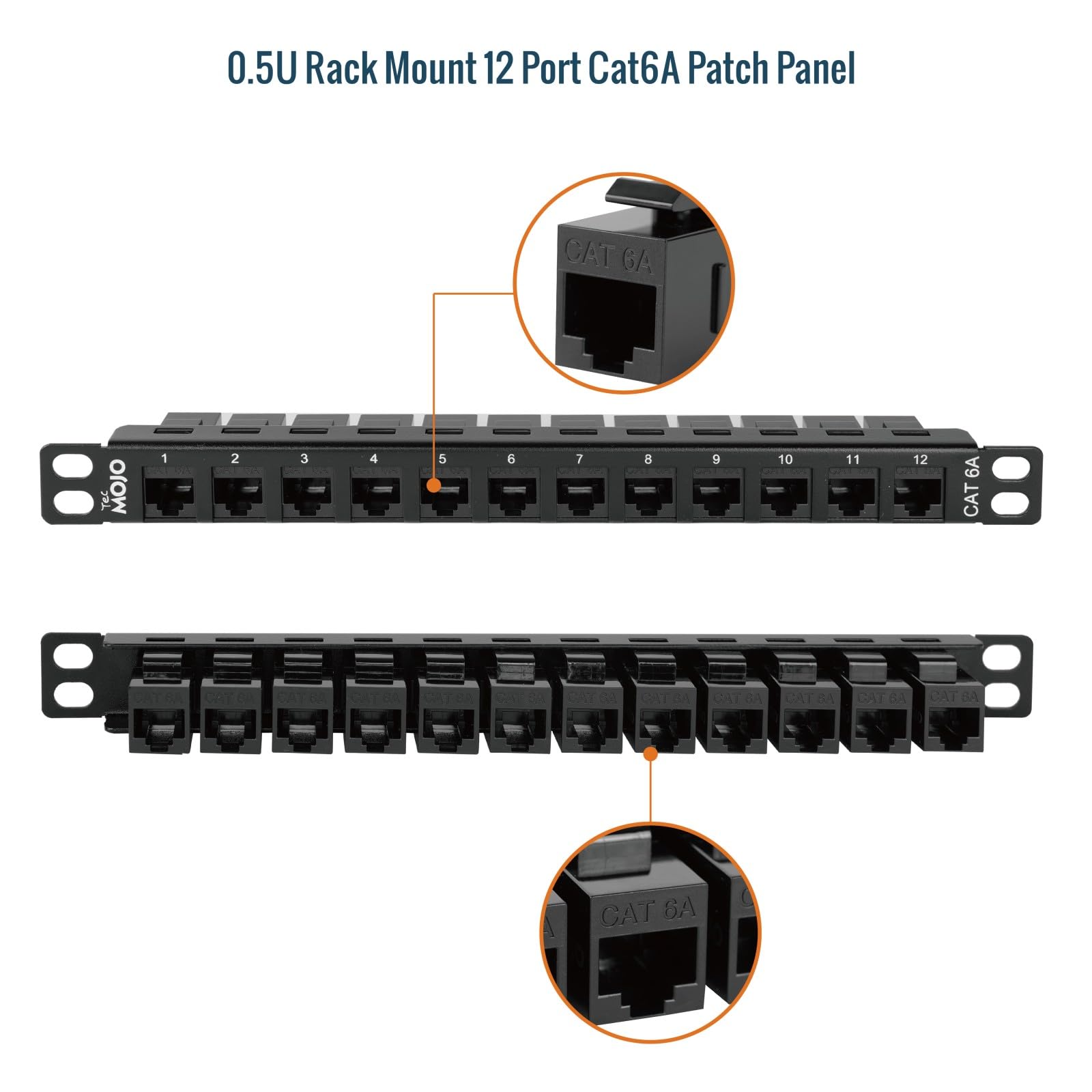 Tecmojo 10 Pollici 0,5U Pannello di Permutazione a 12 Porte Cat6A, Pannello Modulare per Montaggio su Rack con Connettori Keystone RJ45, 10 Gigabit Ethernet, Nero