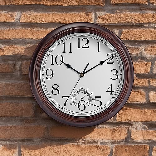 Image of KECYET 12 Inch Outdoor Wall Clock with Thermometers, Vintage Silent Wall Clocks Battery Operated, Retro Non-Ticking Clock Decorative for Living Room, Patio, Kitchen, Office, Bathroom, Bedroom(Bronze)