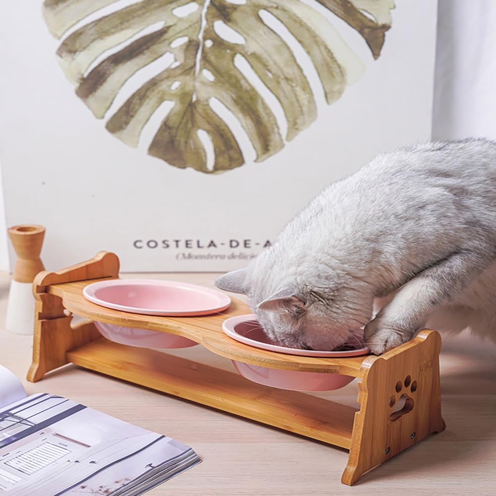Ciotola Regolabile In Altezza Per Animali | Mangiatoia Soprelevata Con Protezione Cervicale, Perfetta Per Cuccioli E Gattini(Pink Double Bowl)