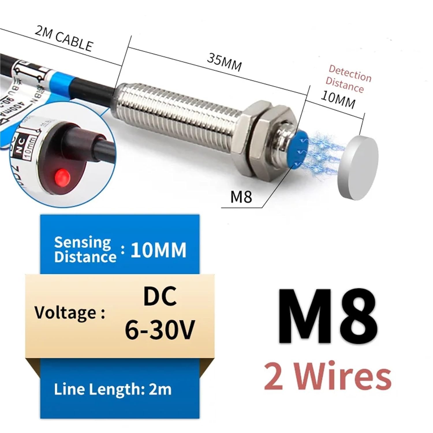 M12 Reed Switch Magnetic Proximity Sensor M8 M18 2 Wire AC DC Sensing Distance 10mm Hall Effect Non-Contact Industrial Testing(M8 6V-30V,Normally Open)