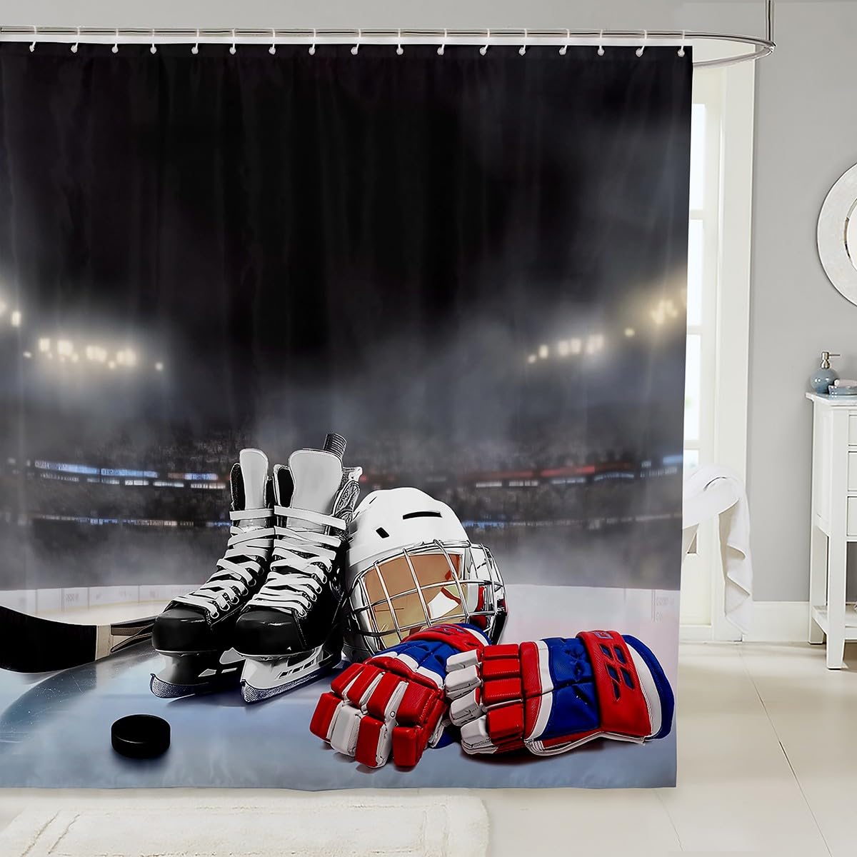 Erosebridal Cortina de ducha de hockey sobre hielo, cortina de baño para niños, niñas, adolescentes, jóvenes, deportes de invierno, con ganchos, tela impermeable de 72 pulgadas de ancho x 78 pulgadas