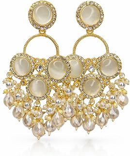 Gold-Toned Chandelier Earrings with Pearl Drops, Crystal Embellished, Bridal Statement Jewellery Price In India