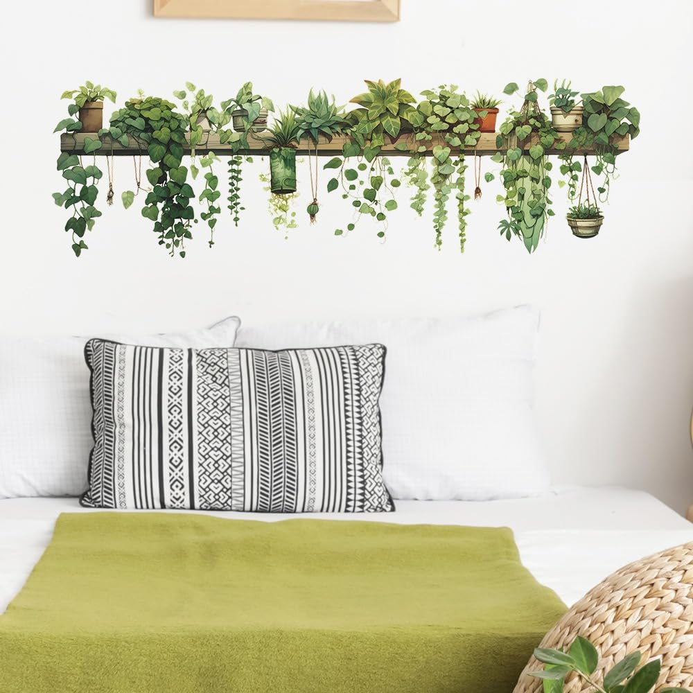PVC Green Dill Leaves Hanging Basket Wall Stickers 27x88cm Green Plant Decals for Bedroom and Living Room Decor - Image 2