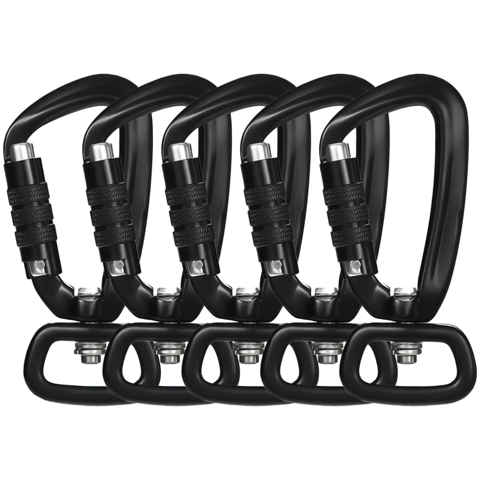 5 mosquetones giratorios de aluminio negro de 360°, diseño de cierre automático de tuerca, clips ligeros para mochila, soportes para llaveros, hebillas de larga duración para bolsos, cometas, llaves