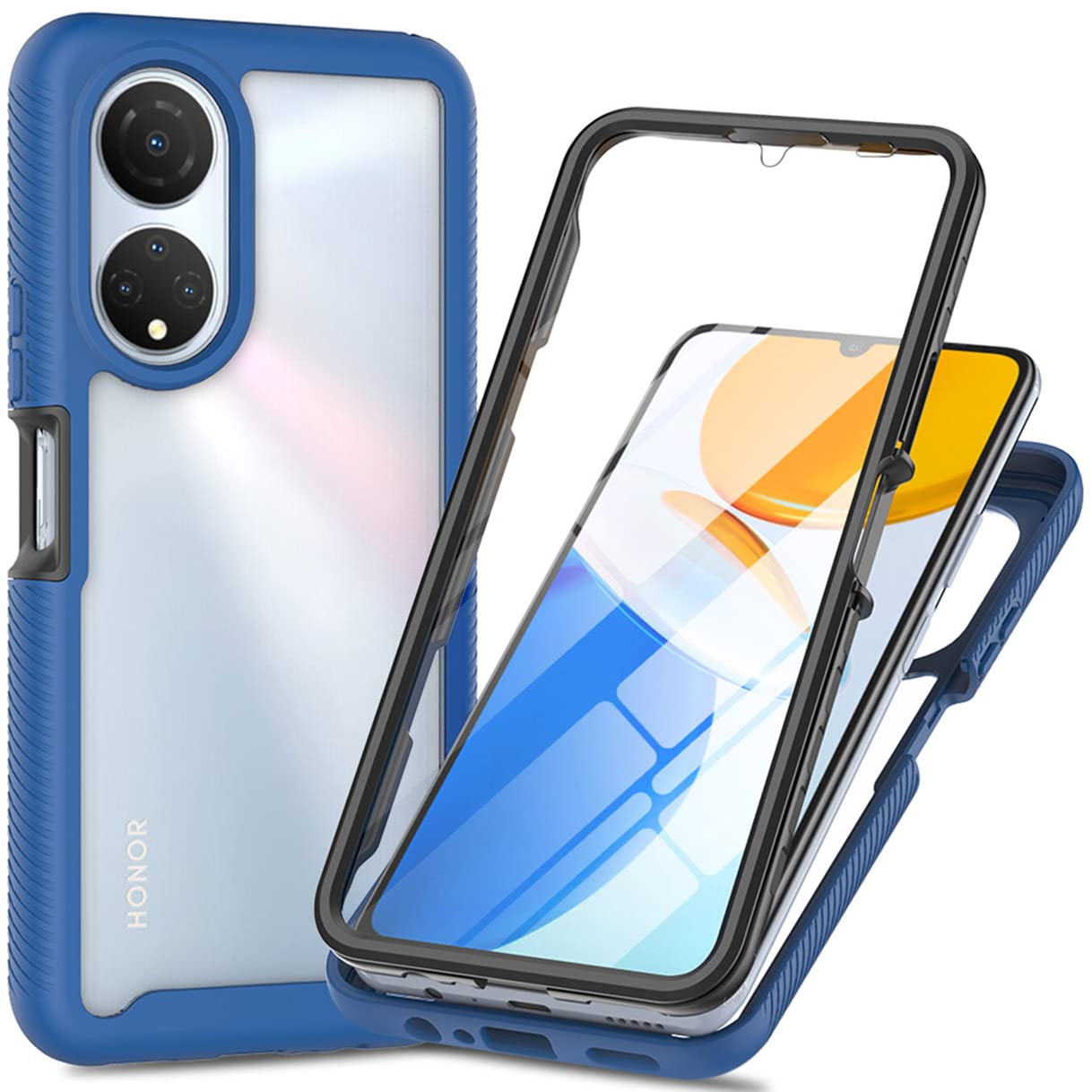 HAOYE Cover Per Honor X7 Con Protezione Schermo Integrata - Custodia Rugged Trasparente Blu Scuro Antiurto - 2