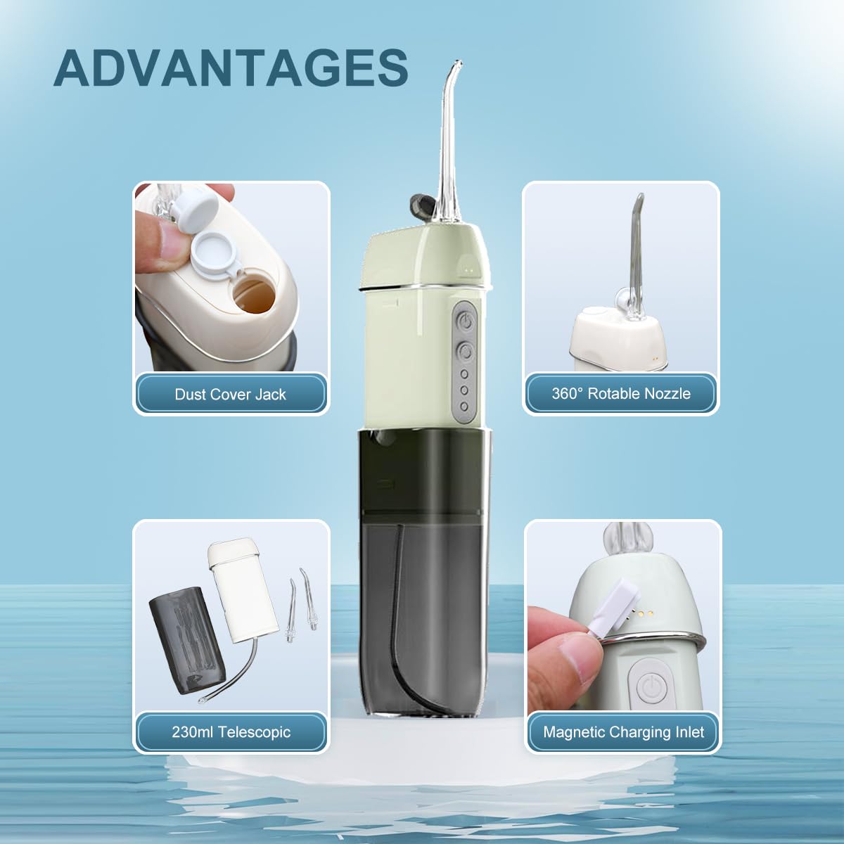 Púa dental dental de agua: irrigador oral inalámbrico portátil con tanque de agua expandible desmontable, puerto de carga magnético impermeable, adecuado para viajes (blanco)