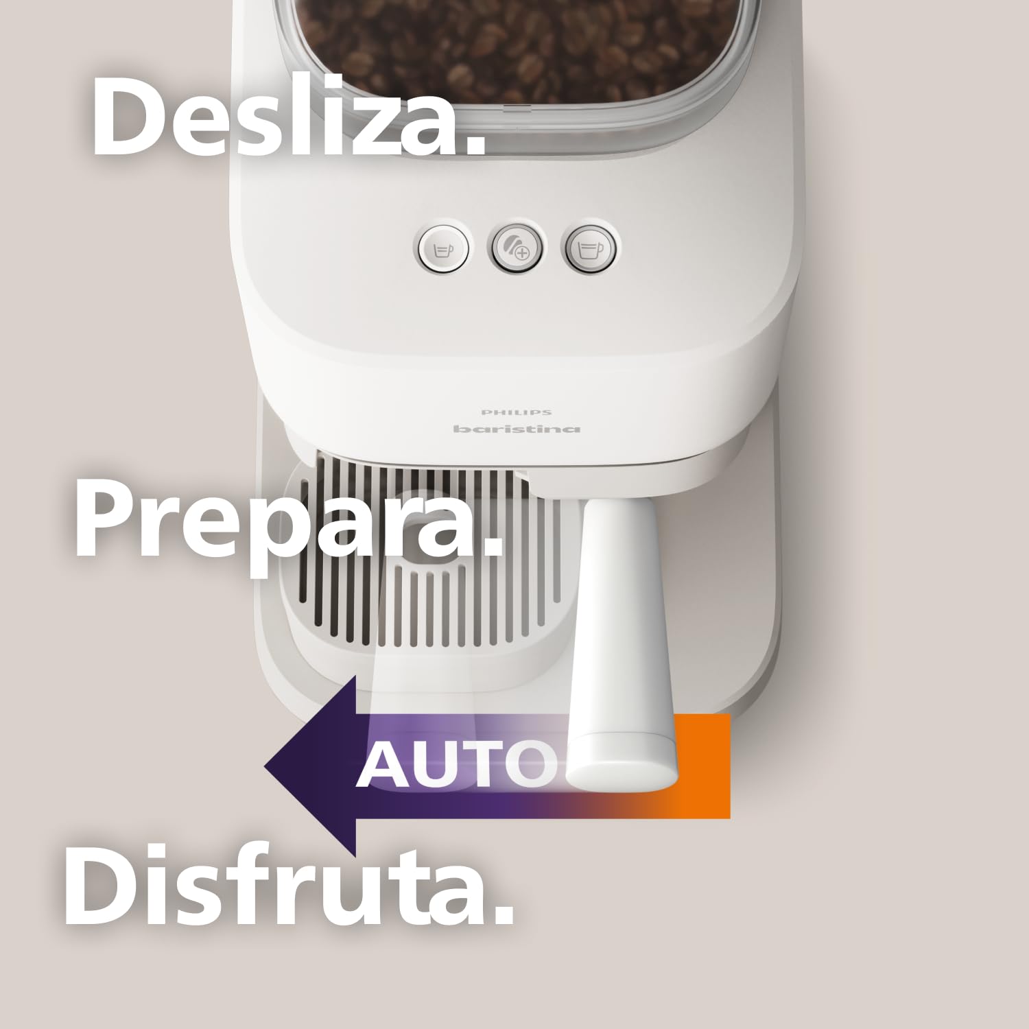 PHILIPS Baristina Cafetera Espresso Molienda, Prensado y Preparación Automáticos, 16 Bares, Espresso, Lungo, Tamaño Compacto, Blanco Natural con Portafiltro Blanco, Cafetera con Molinillo BAR305/00