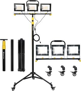 GEERTOP Portable Tripod Led Work Light on Wheels, Adjustable Rolling Black Stand, 21000LM Detachable LED Heads for Garage, Construction Job Site, Indoor/Outdoor Use