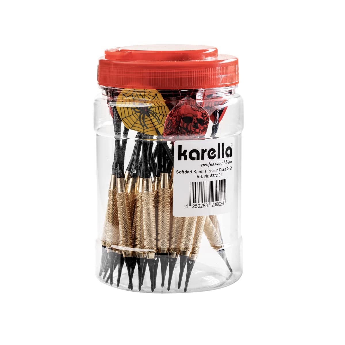 Karella Softdarts – 24er Großbox, 18 g, Messingbarrel, schwarzer Aluschaft, 2BA Gewinde, Softspitze, Flights in 4 Motiven