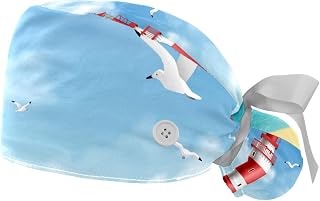 2PCS Working Hats for Men Lighthouse Beach Sea Seagulls Adjustable Women Work Caps Bouffant Hats with Sweatband Multi, Multi, One Size