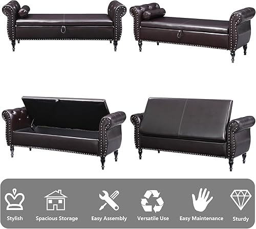 Miniatura 93 de Aoowow Banco de almacenamiento de 63 pulgadas para dormitorio, extremo de la cama, sofá otomano enrollado de tela de terciopelo armado, banco largo