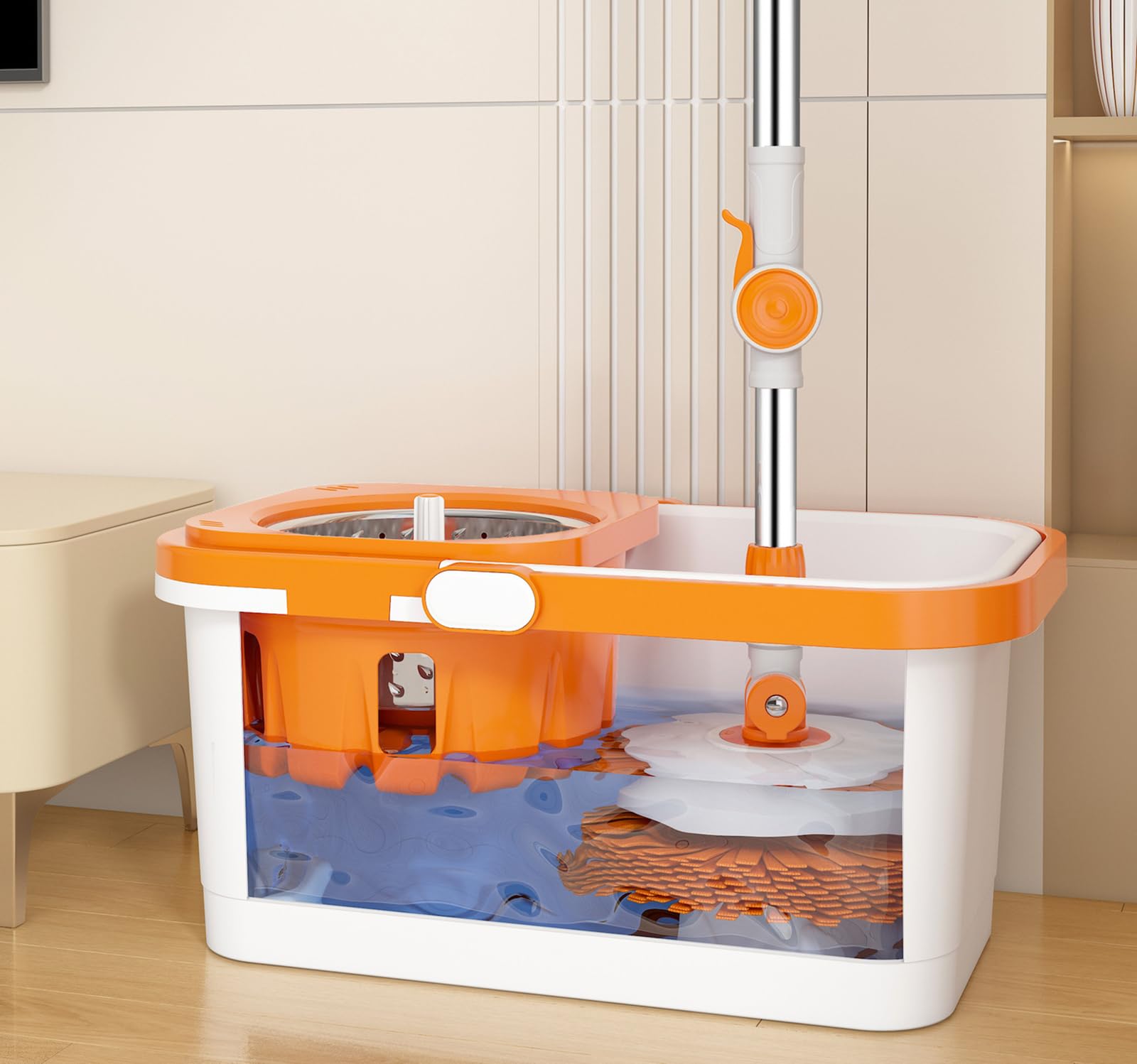 Fregonas A, Juego de fregona y Cubo giratorios Fregona giratoria de 360° Cubo con Sistema de escurridor Mango de fregona extendido Fregona y Cubo para Limpieza de Suelos