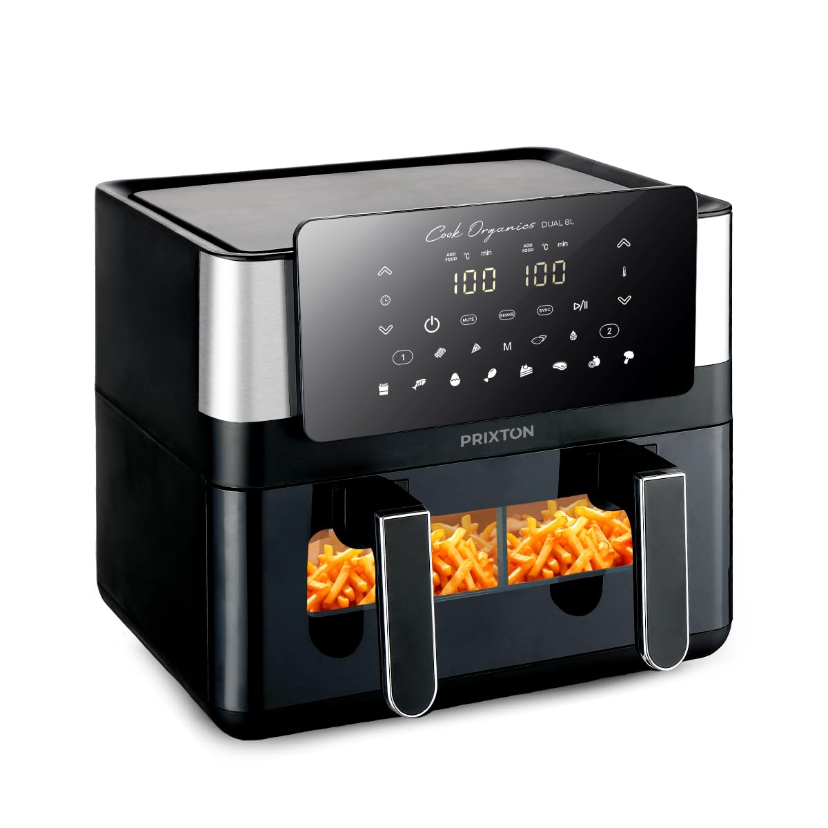 PRIXTON Freidora de aire sin aceite 8 litros con doble compartimento Cook Organics Dual, Ventana transparente, Iluminación interior, Pantalla táctil, Pared Divisoria