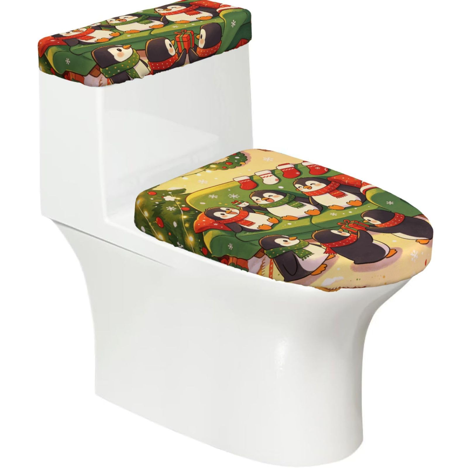 Cute Penguin Elastic Toilet Cover Set of 2-Stretchy Lid and Tank Covers for Bathroom, Soft Washable U Shape Toilet Decor