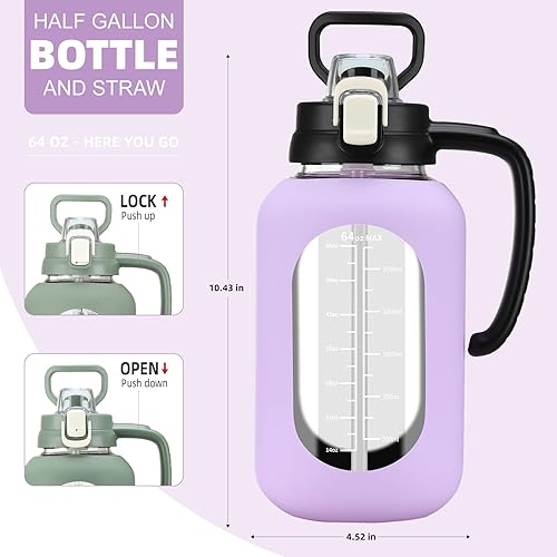 Miniatura 3 de Botella de agua motivacional grande de 64 onzas con marcador de tiempo, botellas de agua deportivas con funda de silicona y tapa con asa, jarra de